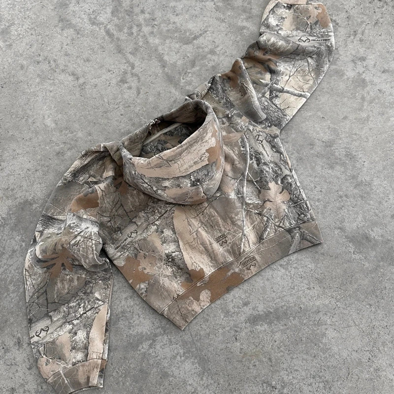 Threadline Y2K Camo Retro Zip Up Hoodie and Jeans